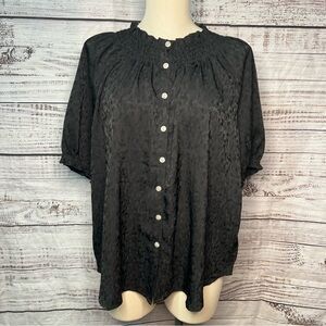 Adyson‎ Parker XL Smock Neck Jacquard Blouse Black Short Puff Sleeves